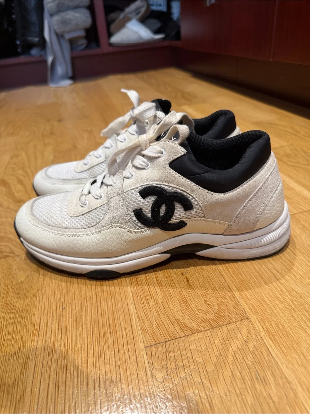 CHANEL Ivory and Black CC Logo Sneakers